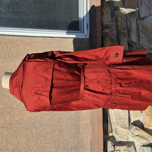 Elle Rust Trench Coat Ruffle Bottom Button Front With Belt Size Small - Picture 4 of 6